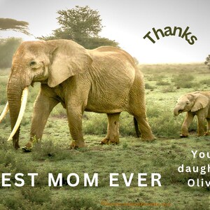 Tarjeta mamá elefante, foto elefante y bebé, Día de la Madre, regalo de cumpleaños para mamá, postal la mejor mamá de todos los tiempos