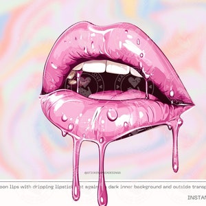 Glänzende rosa Cartoon Lippen mit tropfendem Lippenstift transparenten Hintergrund - PNG - Digital Download - CLIP ART