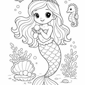 May include: A black and white illustration of a mermaid holding a pearl, with a seashell, seahorse, and fish. The mermaid has long flowing hair and wears a crown. Bubbles and seaweed complete the underwater scene.