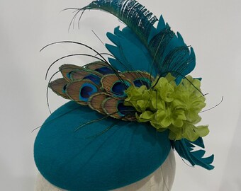 Teal Button Hat with Feathers