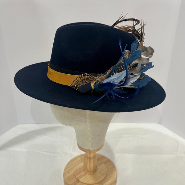 Navy Blue Fedora with feathers