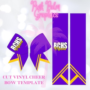 May include: A purple and yellow cheer bow template with the text "BCHS Vipers". The bow has a rhinestone centre and yellow accents. The words "CUT VINYL CHEER BOW TEMPLATE" are at the bottom of the image.