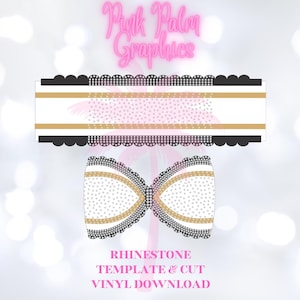 Könnte beinhalten: Rhinestone-Vorlage und Schnitt-Vinyl-Download für eine Schleife und ein Banner. Die Schleife und das Banner sind weiß mit goldenen Akzenten und schwarzen Umrissen. Das Design verfügt über ein gepunktetes Muster.