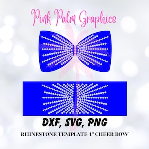 Pode incluir: Modelo de strass azul para um laço de torcida de 10 cm. O design apresenta uma forma de laço e uma seção retangular, ambos adornados com padrões de pontos brancos. O texto "DXF, SVG, PNG" e "Pink Palm Graphics" também são visíveis.