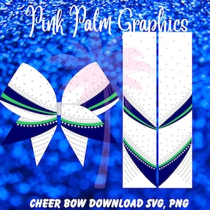 May include: A digital graphic design featuring a white cheer bow with navy blue and lime green stripes and a dotted pattern, accompanied by two vertical rectangular strips with matching patterns. Text reads Pink Palm Graphics and Cheer Bow Download SVG, PNG.