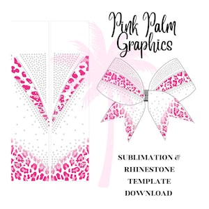 Pode incluir: Um fundo branco apresenta um design de palmeira rosa e um laço com detalhes de estampa de leopardo rosa. O texto "Pink Palm Graphics" está no topo e "Sublimation & Rhinestone Template Download" na parte inferior.