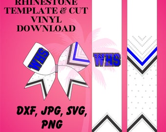May include: A white cheer bow with a blue and gray chevron pattern and the letters "WHS" in blue. The bow is decorated with silver rhinestones. The image includes the text "RHINESTONE TEMPLATE & CUT VINYL DOWNLOAD" and "DXF, JPG, SVG, PNG".