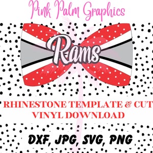 Könnte beinhalten: Roter und weißer Cheer-Bogen mit schwarzen Punkten und dem Wort "Rams" in Weiß. Strass-Vorlage und Schnitt-Vinyl-Download. DXF-, JPG-, SVG- und PNG-Dateien enthalten.