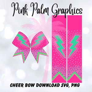 Könnte beinhalten: Ein digitales Grafikdesign mit einer pinkfarbenen Cheerleader-Schleife und zwei passenden vertikalen Streifen, verziert mit grünen Blitzmustern und weißen Punkten. Der Text Pink Palm Graphics und CHEER BOW DOWNLOAD SVG, PNG ist enthalten.
