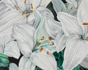 White Lilies, original oil painting on canvas, botanical art flower oil painting, 40x60cm