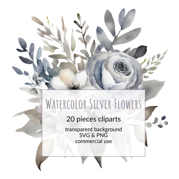 Watercolor Metallic Silver Flowers Clipart Elements Bundle Romantic Vintage Shabby Chic Florals Collection