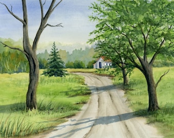 Country Road Landschaft Aquarell Giclée-Druck von Debbie Young