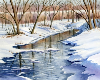 冬の風景 オリジナル水彩画 冬の水彩画 雪景色 木々 凍った川 - Etsy 日本