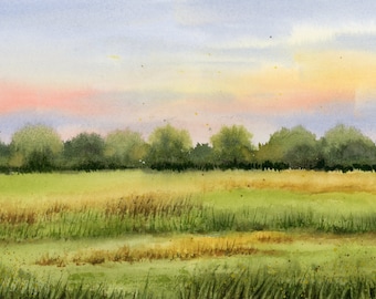 Wiese bei Sonnenuntergang Landschaft Aquarell Giclée Druck von Debbie Young