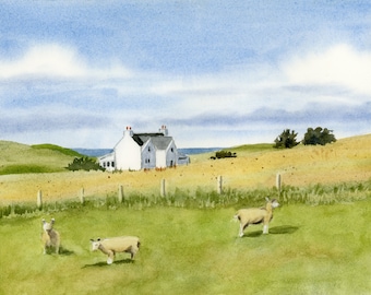 Schafe in der Wiese Landschaft Aquarell Giclée-Druck von Debbie Young