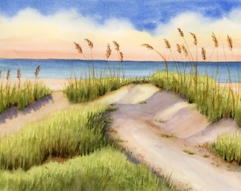 Strand Sanddünen Landschaft Aquarell Giclée-Druck von Debbie Young
