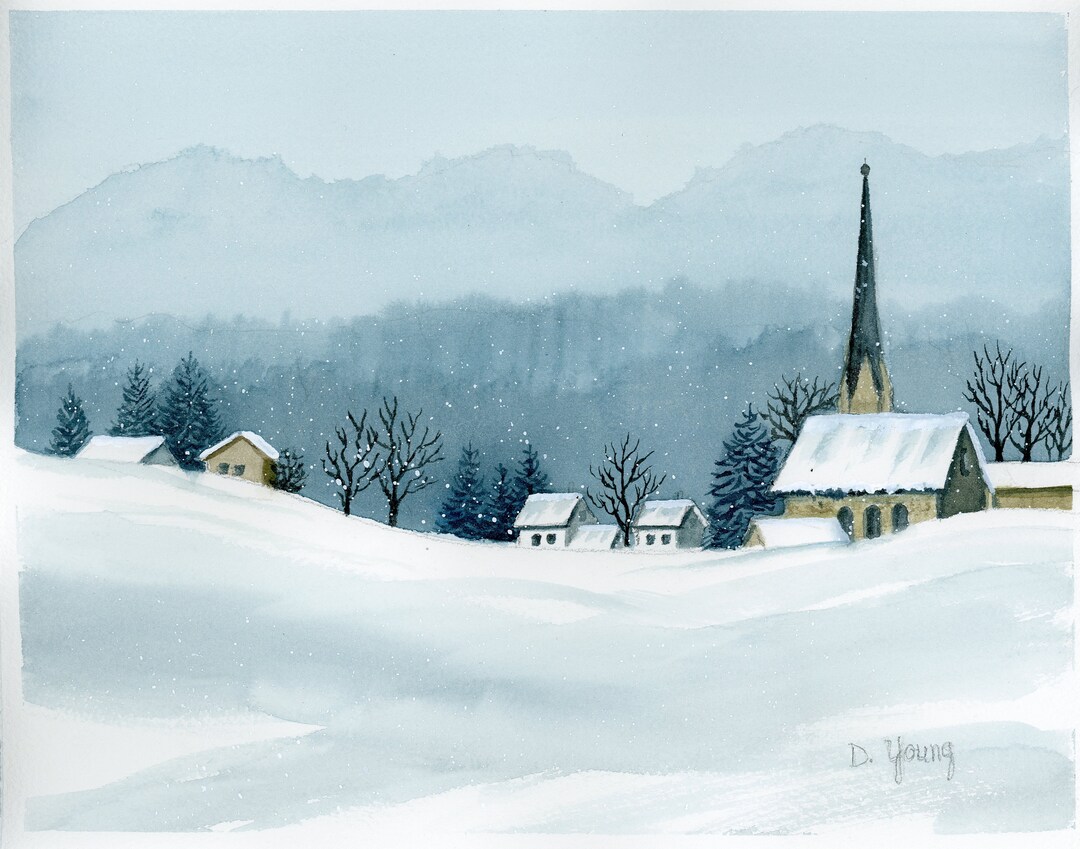 Snowy Village Landscape Watercolor Giclee Print by Debbie Young - Etsy