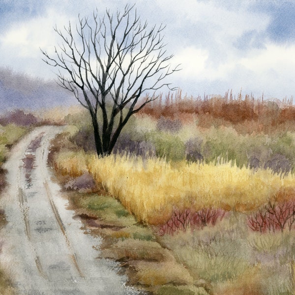 Country Road Landscape Watercolor Giclee Print by Debbie Young