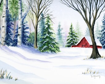Red Barn in a Snowy Landscape Watercolor Giclee Print by Debbie Young