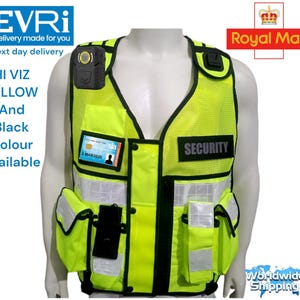 May include: A yellow high visibility safety vest with black accents and multiple pockets. The vest has a black patch that says "SECURITY" and a clear plastic card holder with the text "2 MAR 2020".
