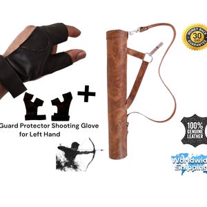 May include: A brown leather archery quiver with a shoulder strap and a black leather shooting glove with finger protection. The glove is for the left hand.