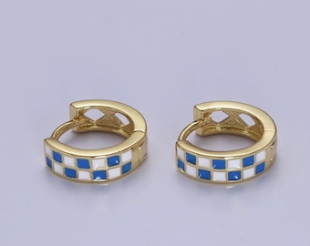 BLUE 24K Gold Filled Enamel Checker Hoop Earrings - Retro Huggie Style in GREEN and WHITE