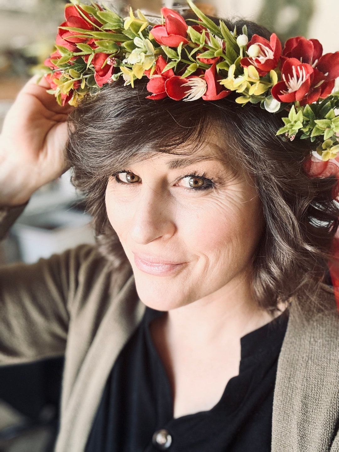 Adjustable Artificial Flower Crown Toddler to Adult Red and Green