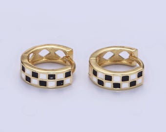 BLACK 24K Gold Filled Enamel Checker Hoop Earrings: Retro Huggie Style in BLACK and WHITE