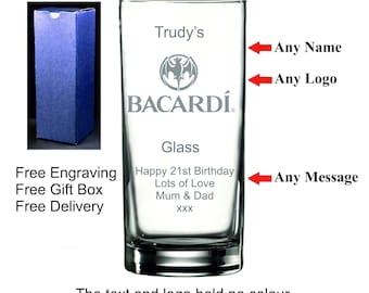 Personalised Bacardi Glass, Valentines Day, Christmas, Birthday Gift, 18th, 21st, 30th, 40th, 50th, 60th, 70th, 80th