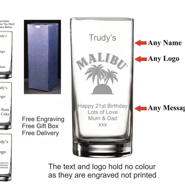 Personalised Birthday Malibu Glass, 18th 21st 30th 40th 50th 60th 70th 80th 90th 100th