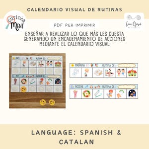 May include: A visual routine calendar with the text "CALENDARIO VISUAL DE RUTINAS" and "PDF PER IMPRIMIR". The calendar includes illustrations for morning and night routines, with the text "MAÑANA" and "NOCHE".