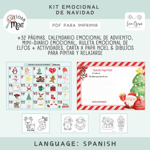 May include: A Christmas-themed printable kit with a calendar, a letter to Santa, and coloring pages. The kit includes a calendar with festive illustrations, a letter template, and drawings to color. The text reads "Kit Emocional de Navidad."
