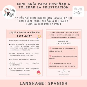 Może przedstawiać: Różowo-biała grafika z tekstem "MINI-GUÍA PARA ENSEÑAR A TOLERAR LA FRUSTRACIÓN" i "15 PÁGINAS CON ESTRATEGIAS BASADAS EN UN CASO REAL PARA ENSEÑAR A TOLERAR LA FRUSTRACIÓN PASO A PASO". Grafika zawiera również tekst "¿QUÉ VAMOS A VER EN ESTA GUÍA?" i listę punktów z informacjami o tym, jak pomóc dzieciom w tolerowaniu frustracji.