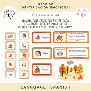 Puede incluir: Un juego imprimible de identificación emocional en español. El juego presenta tarjetas ilustradas con animales y elementos de la naturaleza, diseñadas para identificar emociones. Las tarjetas tienen indicaciones de texto y preguntas.