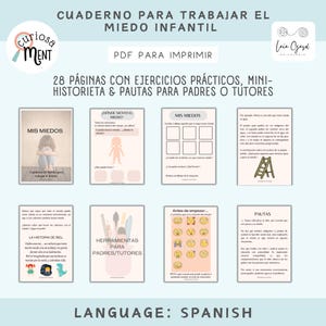 Puede incluir: Un cuaderno de trabajo imprimible en español para ayudar a los niños a superar sus miedos. La portada presenta un título que dice "Cuaderno para trabajar el miedo infantil" y un subtítulo que dice "PDF para imprimir".
