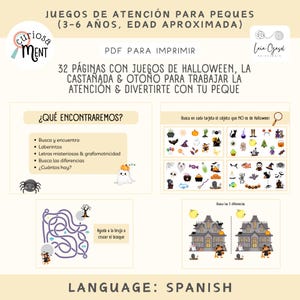 Puede incluir: Un PDF imprimible con juegos de Halloween y otoño para niños de 3 a 6 años. Incluye actividades de buscar las diferencias, laberintos y emparejar. El texto dice "Juegos de Atención para Peques" y "PDF para Imprimir".