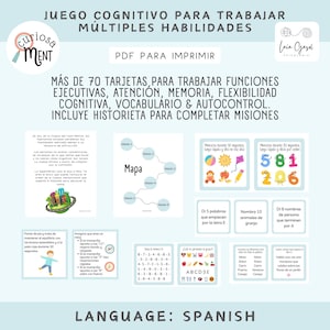 Può includere: Un PDF stampabile colorato per un gioco cognitivo in spagnolo. Il gioco include oltre 70 carte per lavorare sulle funzioni esecutive, l'attenzione, la memoria, la flessibilità, il vocabolario e l'autocontrollo. Il gioco include anche una storia da completare in missioni.