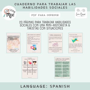 Puede incluir: Un PDF imprimible en español titulado "Cuaderno para trabajar las habilidades sociales". El documento presenta ilustraciones y texto coloridos, incluyendo secciones sobre estilos de comunicación y situaciones sociales.