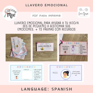 Puede incluir: Un llavero emocional en español imprimible para niños. El llavero presenta una ilustración de abeja y el texto "LLAVERO EMOCIONAL DE". La imagen también muestra una tarjeta de muestra con el texto "¿Qué puedo hacer cuando siento VERGUENZA?" y un espacio para escribir.