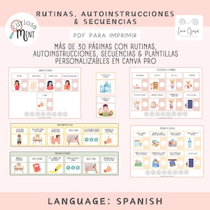 Puede incluir: Un recurso PDF imprimible a color para profesores y padres. El recurso incluye más de 30 páginas de rutinas, autoinstrucciones, secuencias y plantillas que se pueden personalizar en Canva Pro. El texto de la imagen dice "RUTINAS, AUTOINSTRUCCIONES & SECUENCIAS" y "PDF PARA IMPRIMIR".