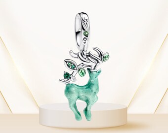 Green Forest Deer Dangle Pendant Charm Bead/S925 Sterling Silver