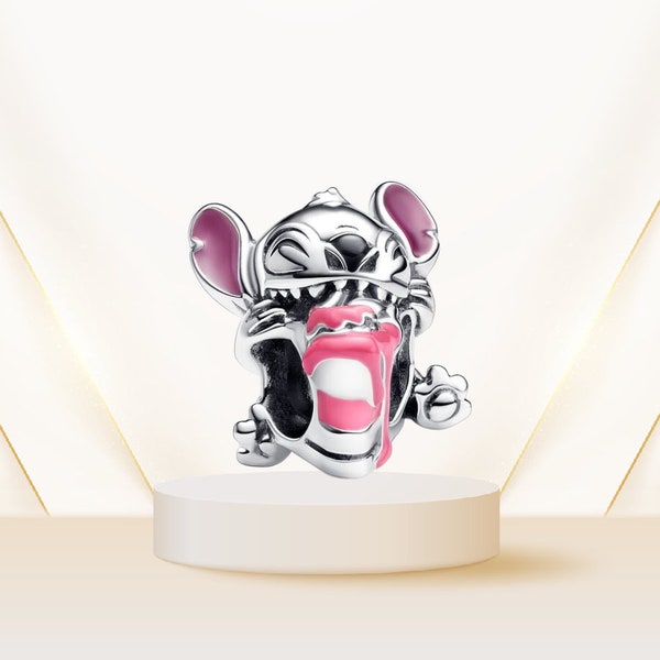 Stitch Birthday Cake Pendant Charm Bead/S925 Sterling Silver/Pink Enamel