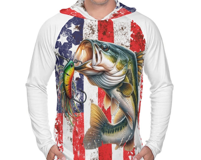 Bass Fishing Shirt, Bass Performance 50+UV Sun Protection Shirt, Men's Bass SPF Shirt, Largemouth Bass, American Flag Shirt
