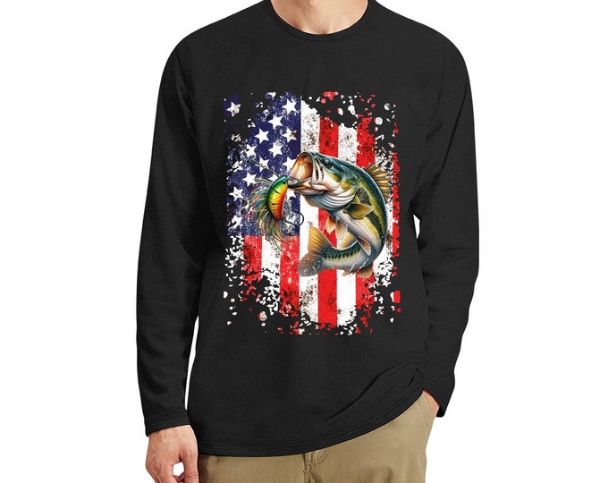 Bass Fishing American Flag Fishermen, Outdoors, Sporting, Men's CrewNeck Long Sleeve T-shirt