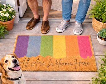 Rainbow Pride Doormat – All Are Welcome Here Inclusive Entryway Decor