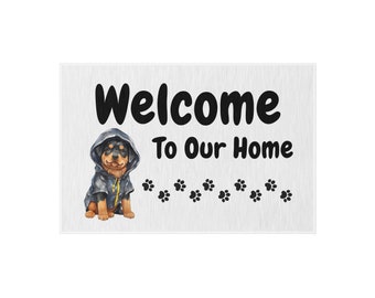 Welcome to our home rugs, Funny Dog Doormat, Doormat for dog owner, Cute rottweiler doormat, dog paw print doormat, exterior rug, rottie rug