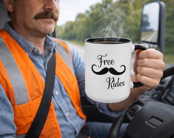 Funny Handlebar Mustache Mug, Free Mustache Rides, Gift For Him