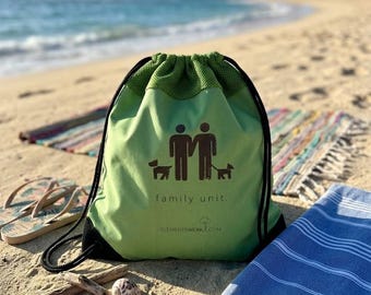 Family Unit Drawstring Backpack, LGBTQ Couple Dog Pride Gym Travel Bag