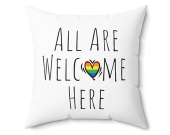 Cojín "Todos son bienvenidos aquí", corazón arcoíris LGBTQ