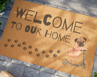 Welcome Mat For Dog Owners, Funny Pug Doormat, Doormat for dog owners, I love my pug doormat, dog paw print doormat, funny outdoor rugs